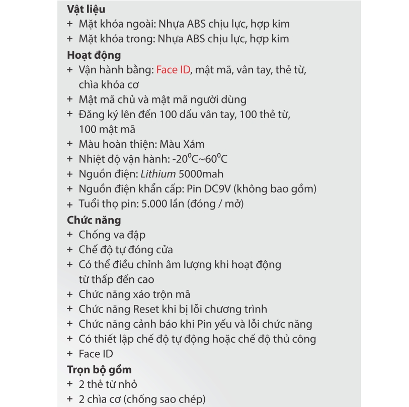 thông số Khóa cửa vân tay Kassler KL-790